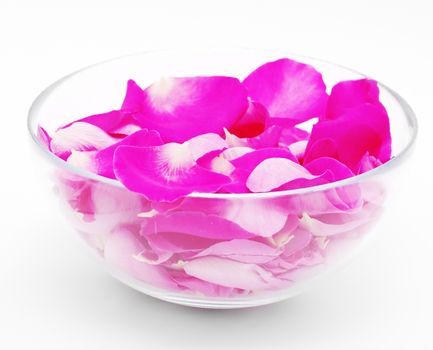 Glass bowl filled with petals of pink roses