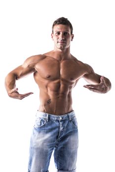 Confident Topless Muscled Man Proud of his Body While Looking at Camera, Isolated on White Background.