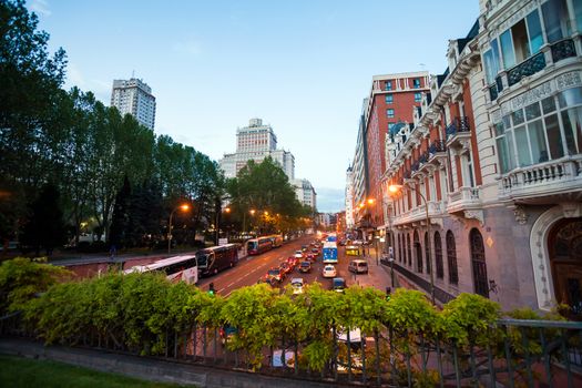 Madrid, Spain - May 10, 2012: Night city view traffic with Edificio Espana on background in Madrid, Spain.