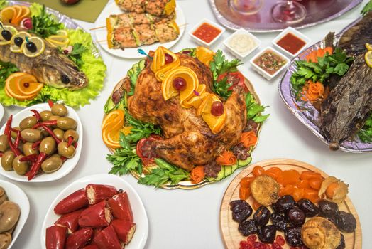 Lots of traditional festive food on table. Christmas table.