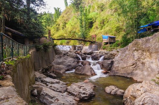 Rope bridge over Tien Sa water fall in Cat Cat village Sapa,Vietnam.