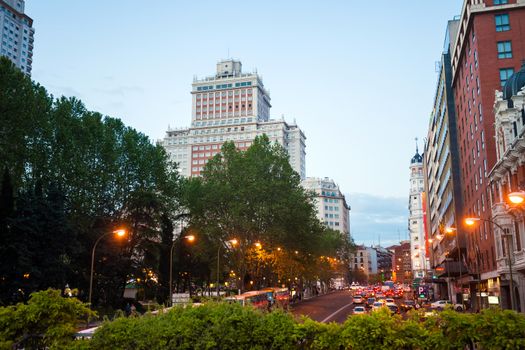 Madrid, Spain - May 10, 2012: Night city view traffic with Edificio Espana on background in Madrid, Spain.