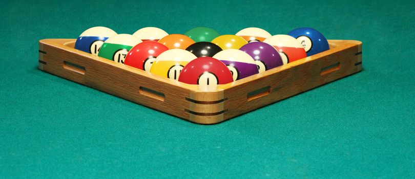Racked balls set for a game of 8 ball