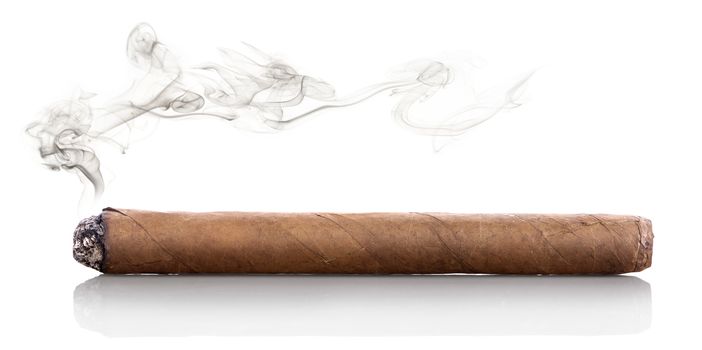 Smoking havana cigar isolated on a white background