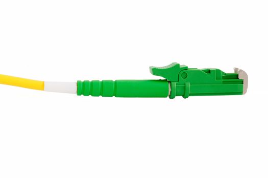 green fiber optic E2000 connector on white background