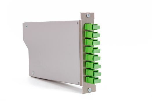 Fiber optic cassette with green singlemode SC connectors isolated on white