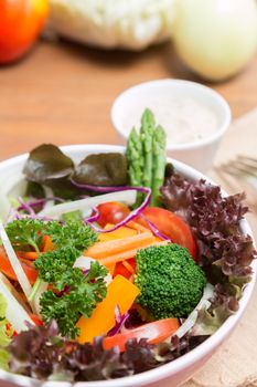 fresh vegetable salad on wood background