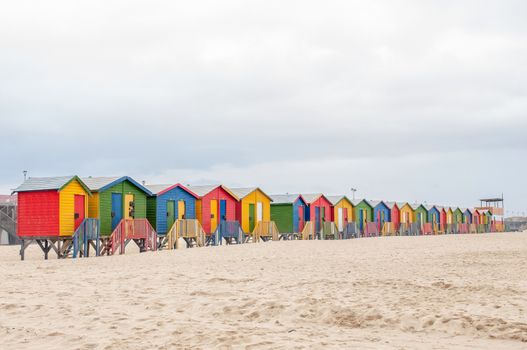 Multi-colored beach huts at Muizenberg in Cape Town, Western Cape Province of South Africa
