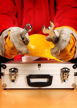 Safety equipment set and worker, close up