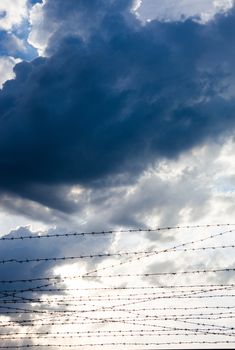 Barbed wire against the cloudy sky background.