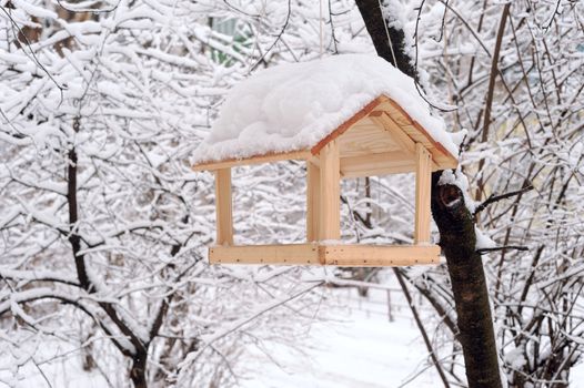 wooden bird table topped with fresh snow