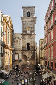 view of the tower bell in San Gregorio Armeno in downtown of Naples
