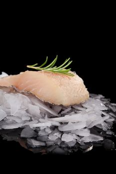 Fresh fish on crushed ice isolated on black background. Culinary fresh fish eating. 