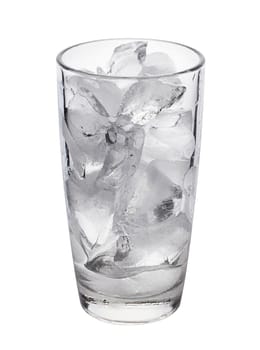 photo of empty glass with ice cubes on white background