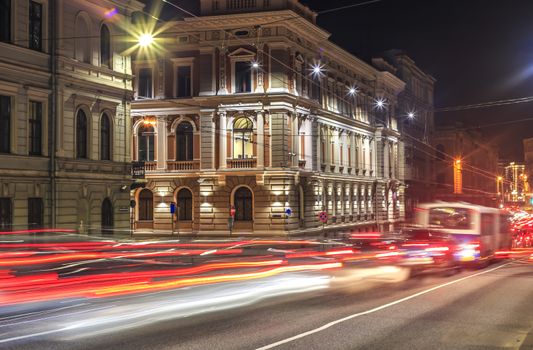 Night traffic lights with tracer,Riga,Latvia