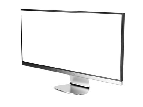 Ultra wide (21:9) computer monitor with white screen, isolated on white