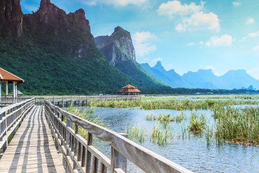 Wooden bridge and lake in Sam Roi Yod National Park, Prachuap Khiri Khan, Thailand