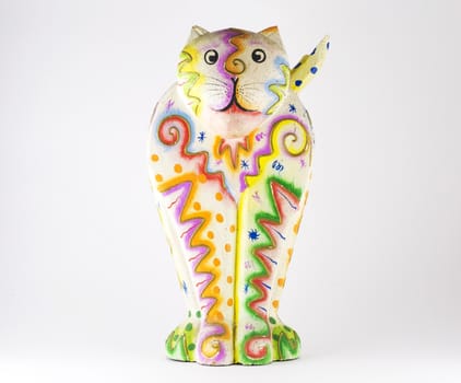 Wooden cat of with ornament with white background.