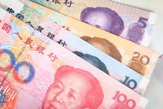 Chinese or Yuan banknotes money  from China's currency, close up view as background