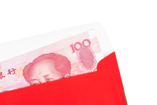 Chinese or 100 Yuan banknotes money in red envelope, as chinese new year on white background