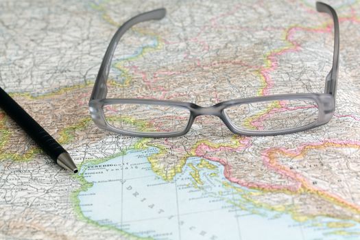 Glasses on a historical map