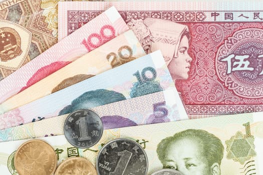 Chinese or Yuan banknotes money and coins from China's currency, close up view as background