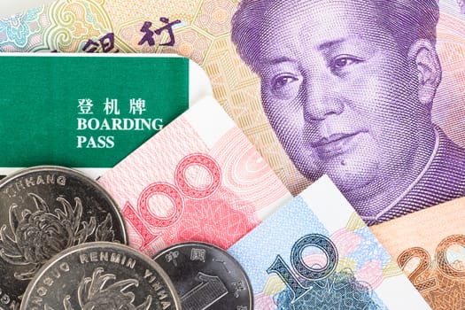 Chinese or Yuan banknotes money and coins from China's currency, close up view as background