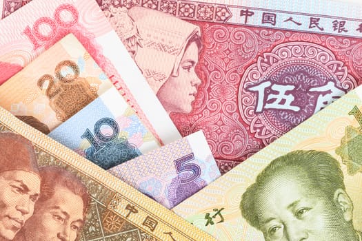 Chinese or Yuan banknotes money  from China's currency, close up view as background