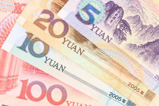 Chinese or Yuan banknotes money  from China's currency, close up view as background