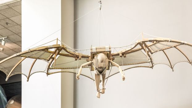 Washington DC, Aug 26: A wooden model of a flying man hangs on display at the Smithsonian Natural Air and Space Museum on August 26 2014, Washington DC, USA.