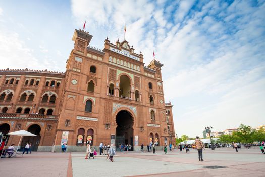 Madrid, Spain - May 11, 2012: Plaza de Toros de Las Ventas with tourists gathering for the bull show in Madrid, Spain