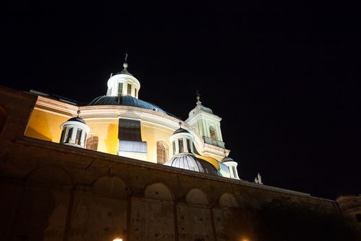 Madrid, Spain - May 6, 2012:  Side view of the Real Basilica de san Francisco el Grande on a sunny spring night in La Latina, Madrid, Spain