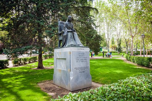 Madrid, Spain - May 11, 2012: Statue of poet Sister Juana Ines de la Cruz on a spring day dedicated by Mexico to Madrid, Spain