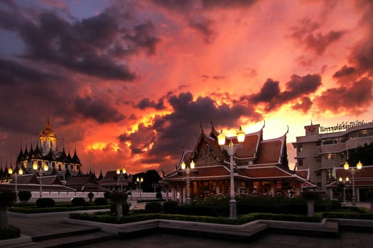 pavilion in thai temple with beautiful sky Background      