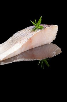 Fresh perch fish fillet isolated on black background with fresh green herbs. Culinary seafood eating. 