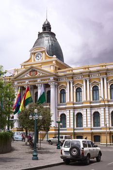 LA PAZ, BOLIVIA - OCTOBER 11, 2014: The Legislative Palace, seat of the government since 1905, on Plaza Murillo along Bolivar street in the city center of the administrative capital on October 11, 2014 in La Paz, Bolivia