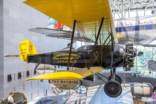 Washington DC, Aug 26: Pitcairn Mailwing series of Mail Carrier aircraft
 hangs on display at the Smithsonian Natural Air and Space Museum on August 26 2014, Washington DC, USA.