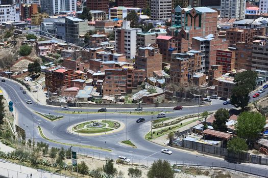 LA PAZ, BOLIVIA - OCTOBER 14, 2014: Roundabout at the crossing of the avenues Del Poeta and Montevideo next to the Parque Urbano Central (Central Urban Park) on October 14, 2014 in La Paz, Bolivia