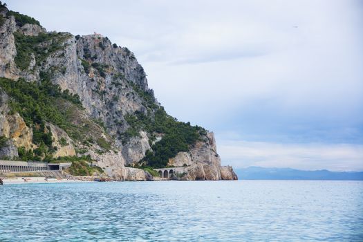 View of coast and sea in Italy or south of France in cloudy day