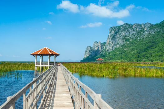 Wooden bridge and lake in Sam Roi Yod National Park, Prachuap Khiri Khan, Thailand