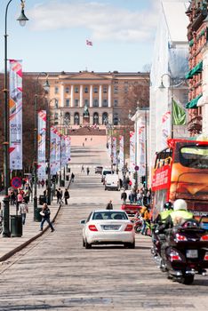OSLO - MAY 5: Oslo's main street Karl Johans Gate with the Royal Palace in the background on May 5, 2013. The street is 1,020 meters long.