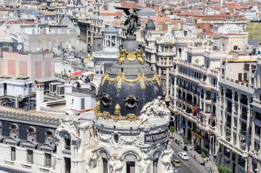 Panoramic aerial view of Gran Via, main shopping street in Madrid, capital of Spain, Europe