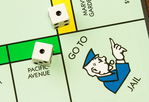 BOISE, IDAHO - NOVEMBER 18, 2012: Snake eyes and go to Jail. Image is of the famous game Monopoly. 