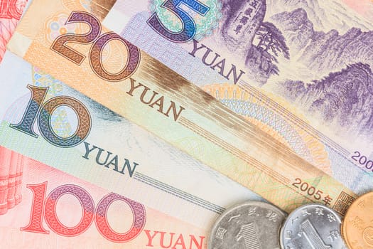 Chinese or Yuan banknotes money and coins from China's currency, close up view as background