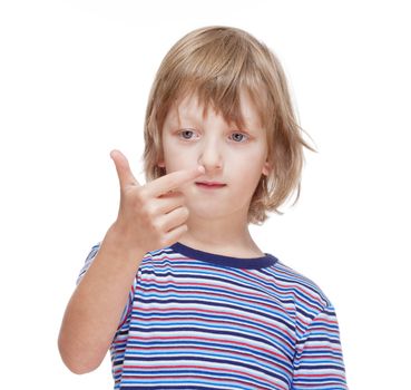 Boy Counting on Fingers of his Hand - Isolated on White