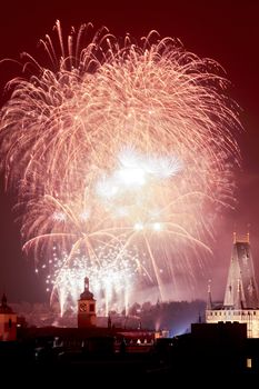 Czech Republic, Prague - New Years Fireworks over the Old Town.