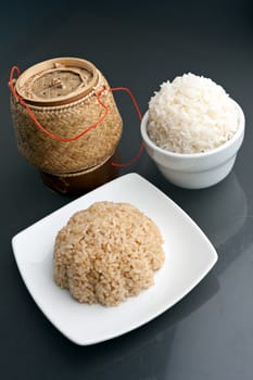 Different kinds of Thai style rices prepared including white jasmine and brown rice.