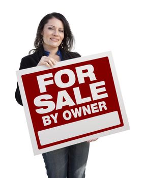 Hispanic Woman Holding For Sale By Owner Real Estate Sign Isolated On White.