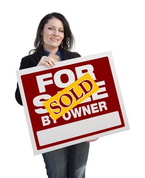 Hispanic Woman Holding Sold For Sale By Owner Real Estate Sign Isolated On White.