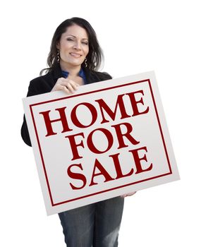 Hispanic Woman Holding Home For Sale Real Estate Sign Isolated On White.